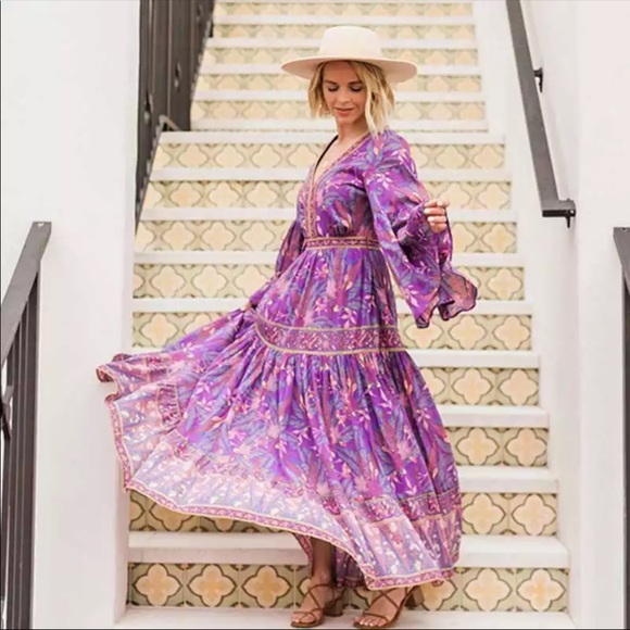 Dresses & Skirts - Boho Floral Print Gypsy Maxi Dress Purple Long